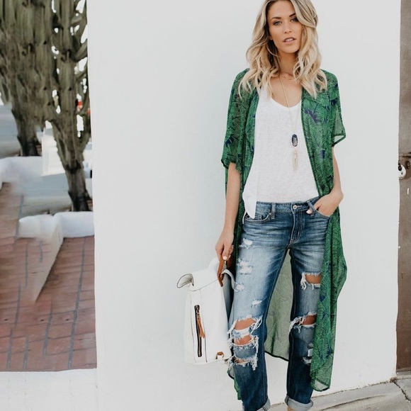 Sweaters - NWT Green Leaf Long Sheer Kimono Cardigan